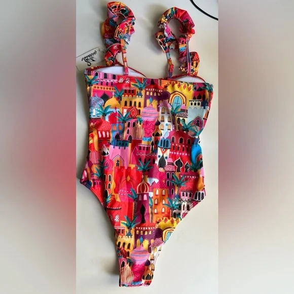 Sporlike One Piece Swimsuit Ruffle Straps Colorful New Size Small - Picture 5 of 7